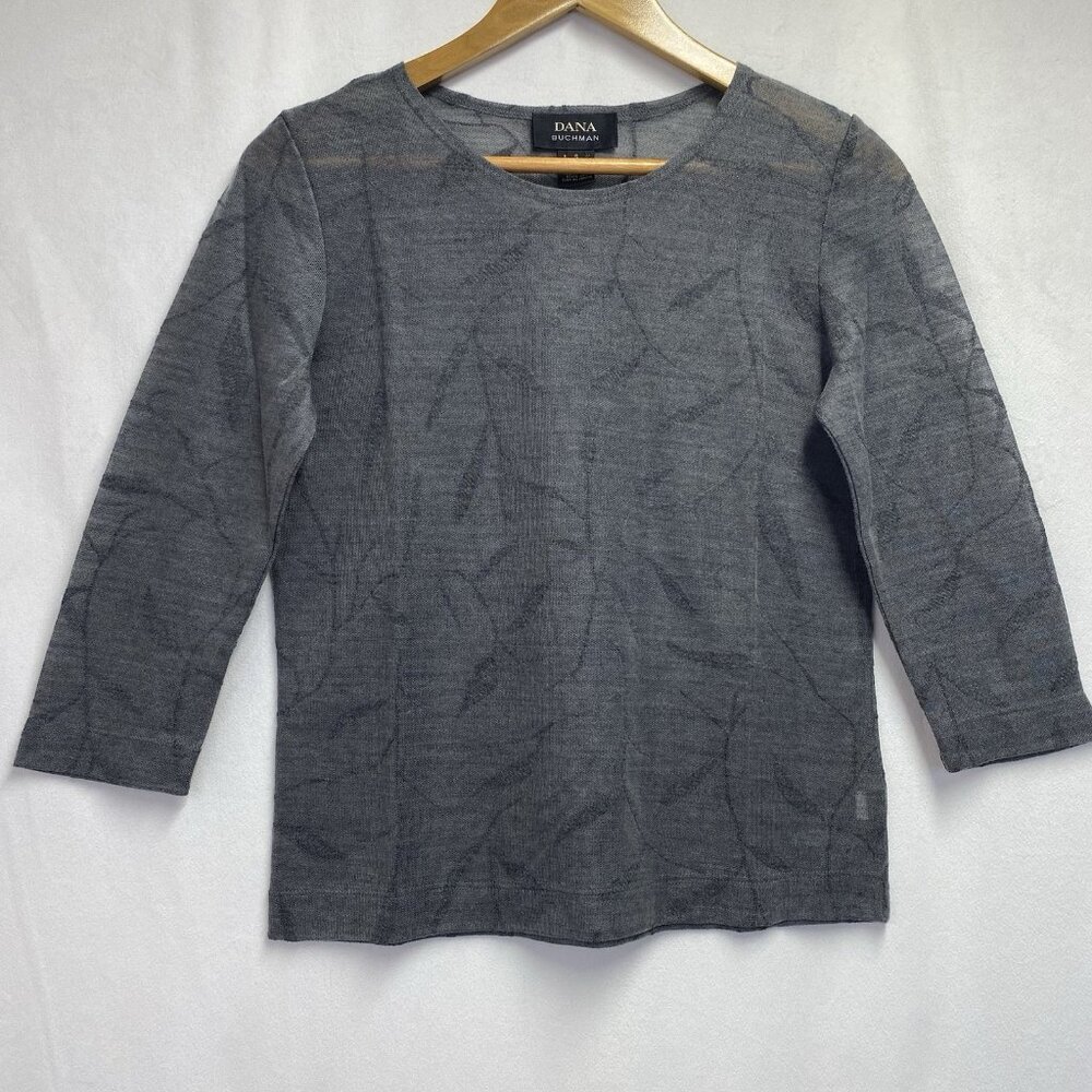 Dana Buchman Sheer Mesh 3/4 Sleeve Round Neck Pullover Top Women Small Charcoal